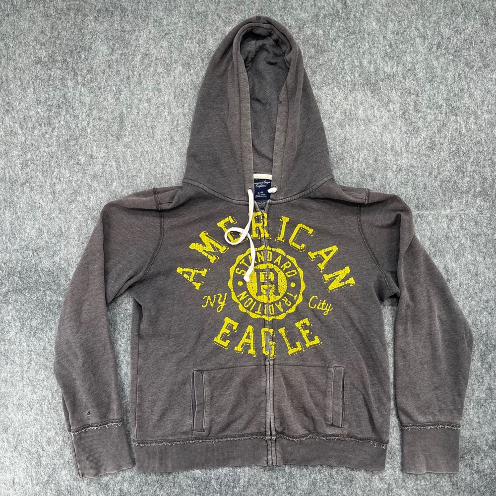American Eagle Outfitters Womens XL Gray Distressed Graphic Zip Up Hoodie